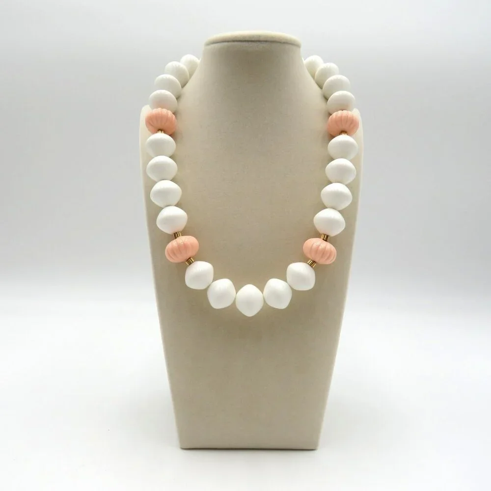 Vintage Chunky Beaded Necklace White Pink Melon Gold Tone Spacer Costume Jewelry